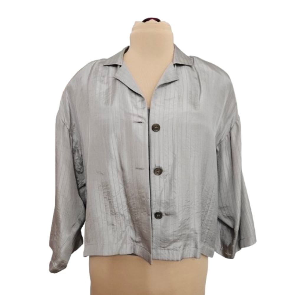 DIANNE BEAUDRY 100% Silk Button Front Blouse Gray Silver Pinstripe M Luxe Dressy